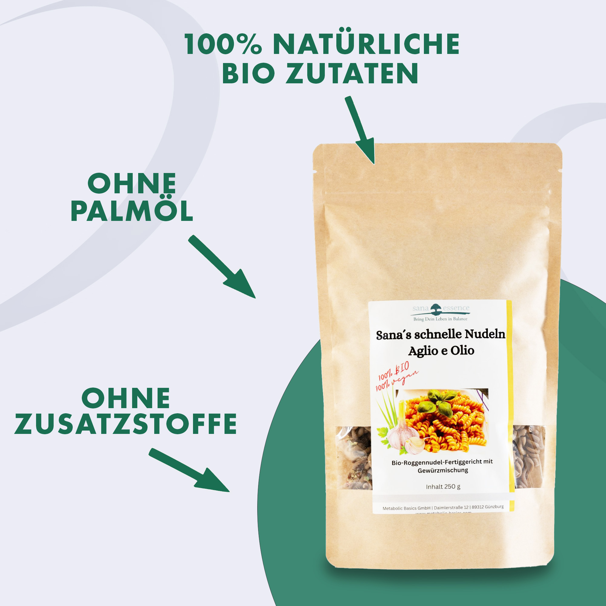 Sana´s schnelles Nudelgericht - Roggennudeln Aglio e Olio 2. USPs Sanas schnelles Nudelgericht - AolioRoggennudeln